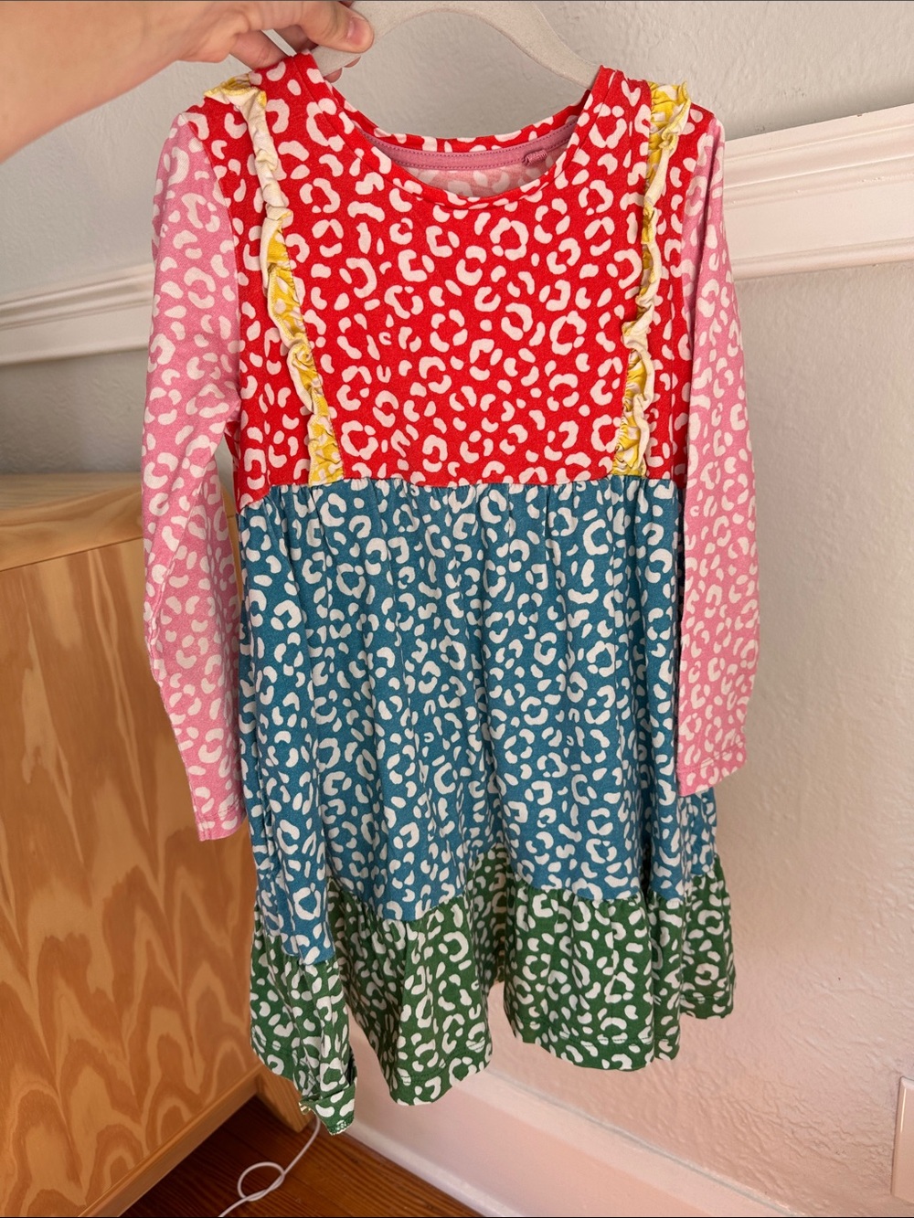 Multi-Color Leopard Print Tiered Long Sleeve Kids Dress